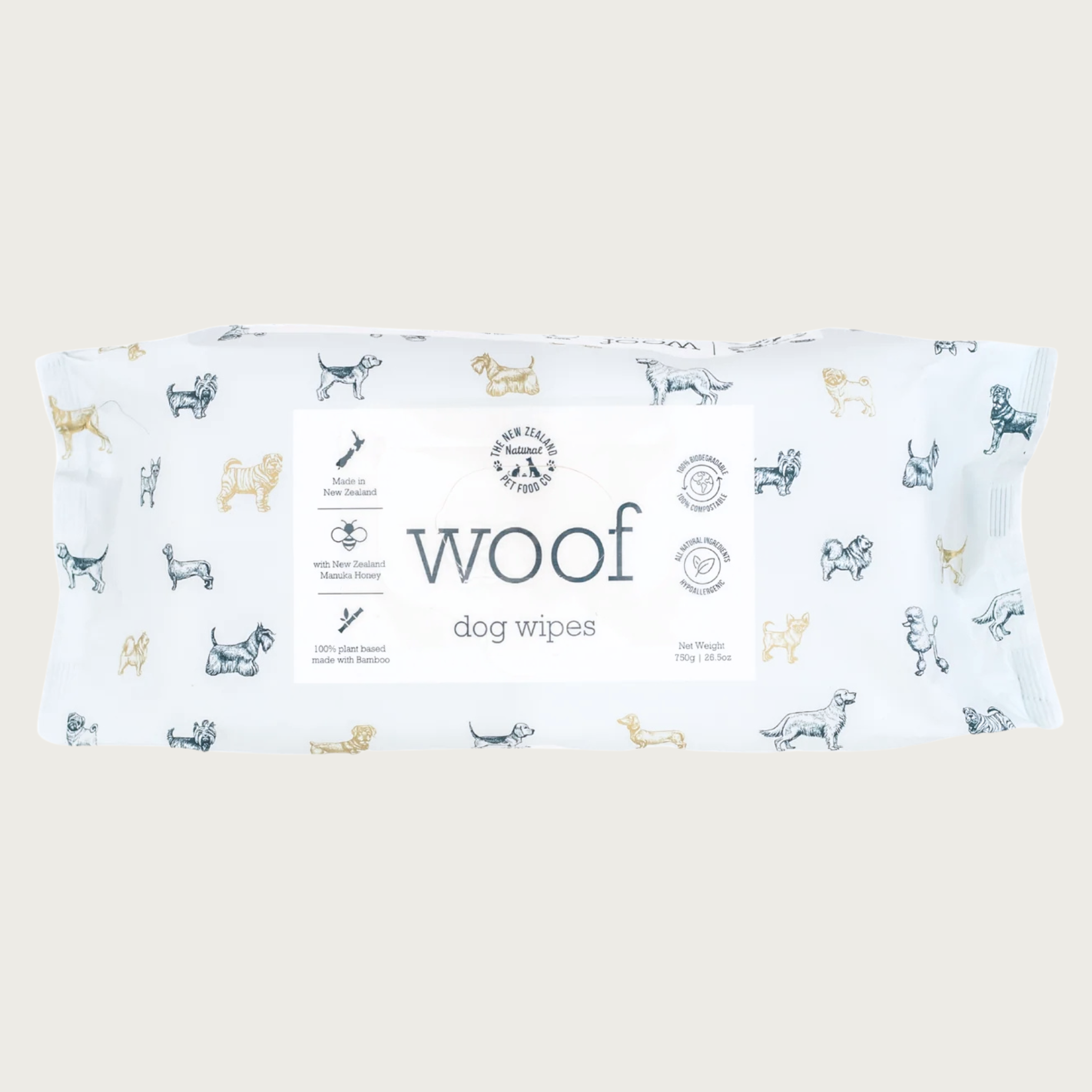 White package of Woof Dog Wipes with dog illustrations. Net Weight 750g/26.5oz.
