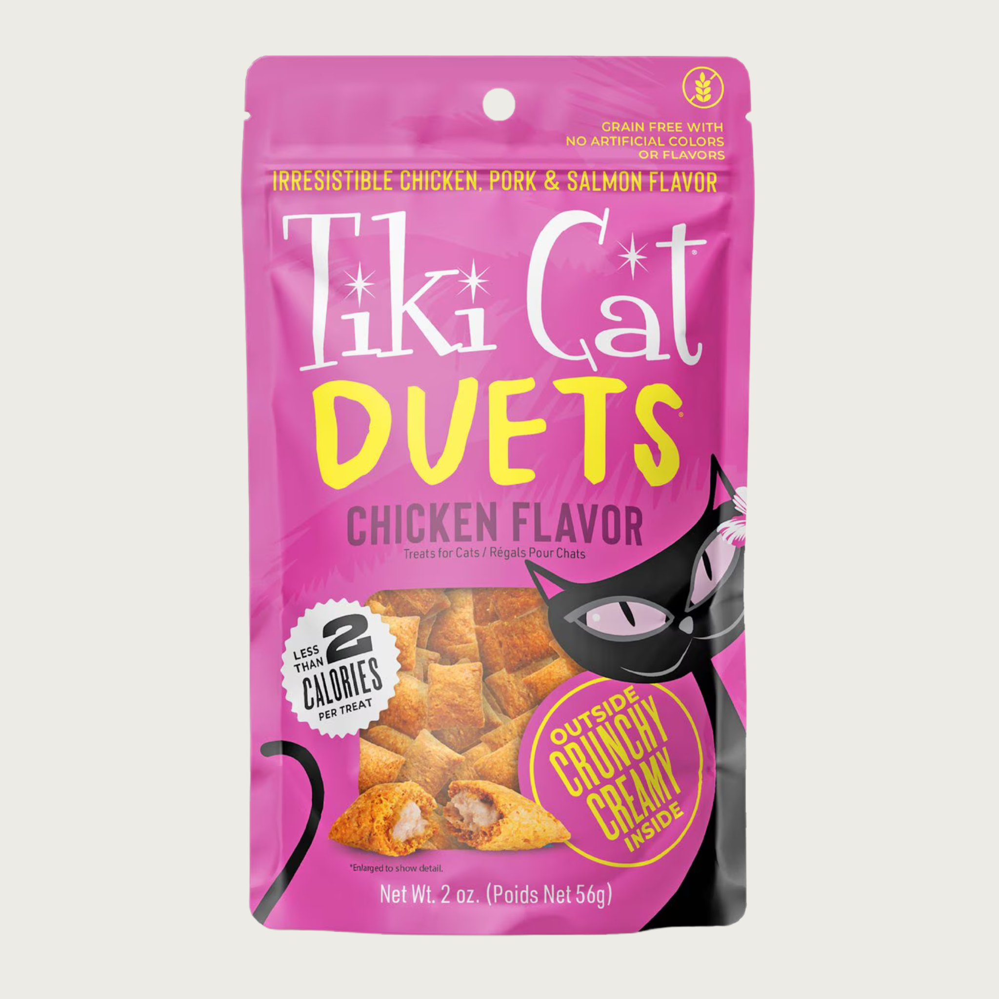 Tiki Cat Duets Chicken Flavor cat treats in a hot pink pouch. Grain free with no artificial colors or flavors. Irresistible chicken, pork & salmon flavor. 
