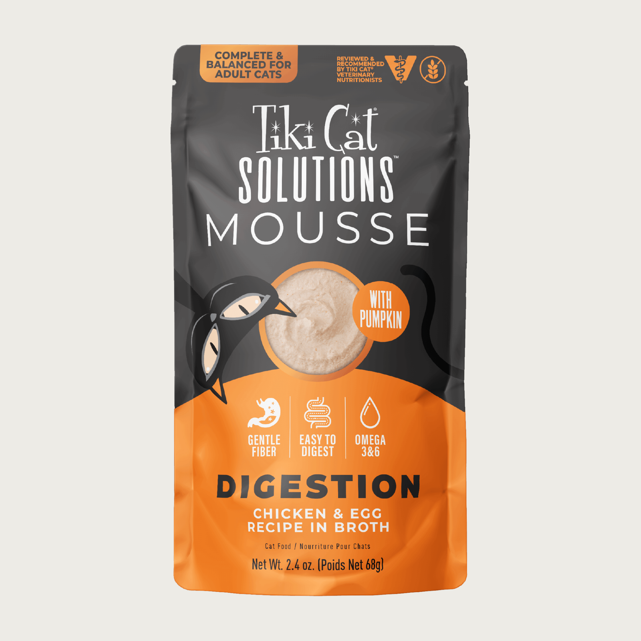 A 2.4 oz orange & black pouch of Tiki Cat Solutions Mousse Digestion - Chicken & Egg Recipe in Broth. Text highlights: Gentle Fiber, Easy to Digest, Omega 3 & 6. Complete & Balanced for Adult Cats. Reviewed & recommended by Tiki Cat Veterinary Nutritionists.