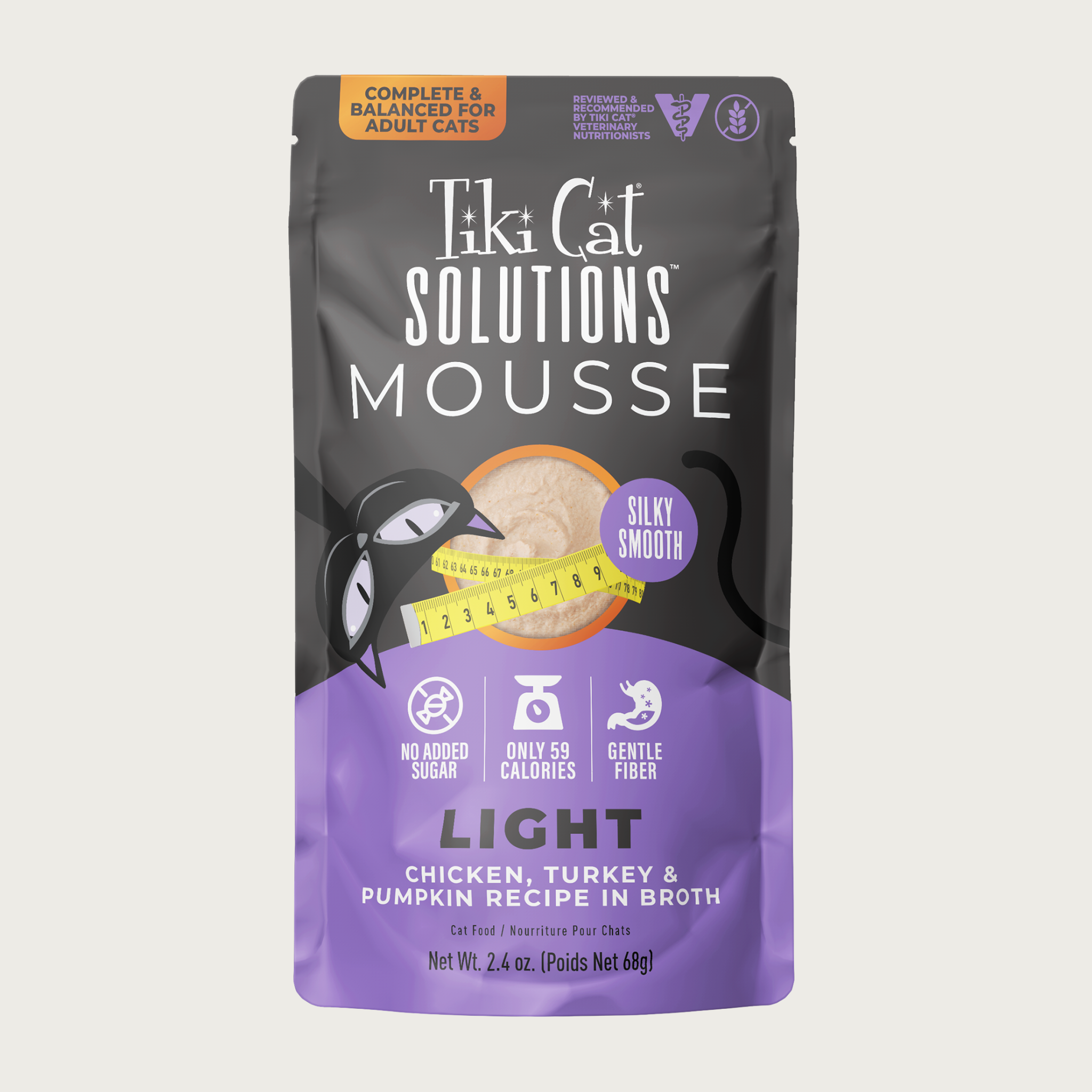 A 2.4 oz purple & black pouch of Tiki Cat Solutions Mousse Light - Chicken, Turkey & Pumpkin Recipe in Broth. Text highlights: No Added Sugar, Only 59 Calories, Gentle Fiber. Complete & Balanced for Adult Cats. Reviewed & recommended by Tiki Cat Veterinary Nutritionists.