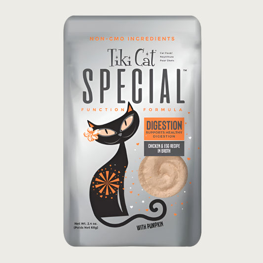 A 2.4 oz pouch of Tiki Cat Special Function Formula, Digestion. Supports healthy digestion with chicken & egg in broth. Non-GMO ingredients, with pumpkin.