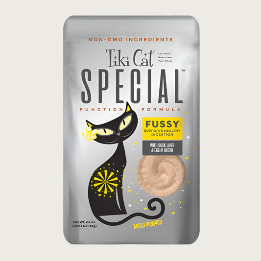 A 2.4 oz pouch of Tiki Cat Special Function Formula, Fussy. Supports healthy digestion, with duck liver & egg in broth. Non-GMO ingredients, includes added pumpkin.