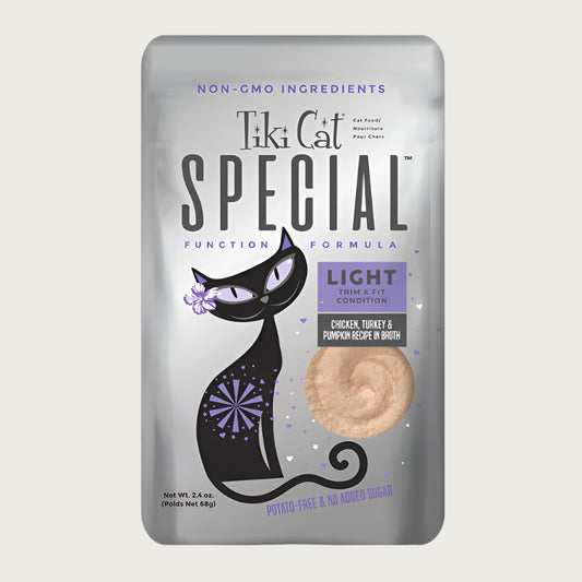 A 2.4 oz pouch of Tiki Cat Special Function Formula, Light. Supports trim & fit condition with chicken, turkey & pumpkin in broth. Non-GMO ingredients, potato-free & no added sugar.