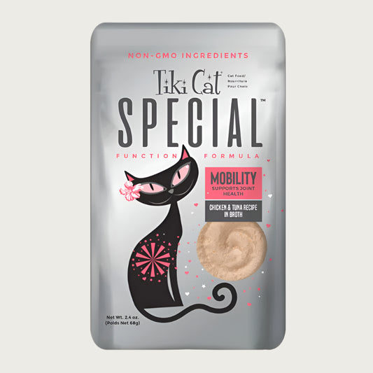 A 2.4 oz pouch of Tiki Cat Special Function Formula, Mobility. Supports joint health with chicken & tuna in broth. Non-GMO ingredients.