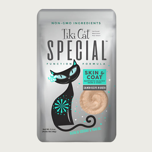 A 2.4 oz pouch of Tiki Cat Special Function Formula, Skin & Coat. Supports healthy skin & coat, Salmon recipe in broth. Non-GMO ingredients, includes a blend of coconut & tuna oil.