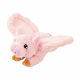 A pale pink, plush pig toy with wings. The pig's face has embroidered eyes and a snout.