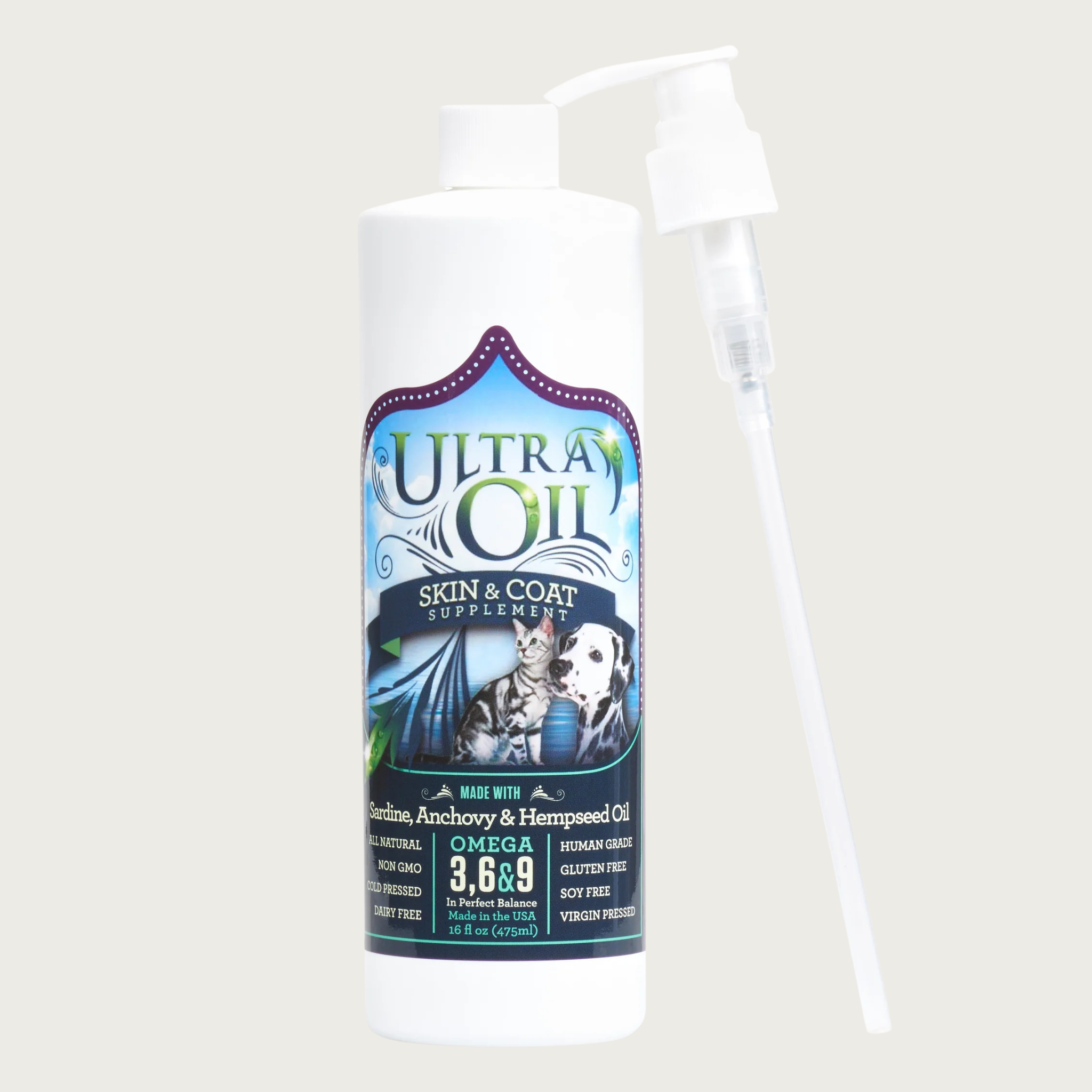 Ultra Oil Skin & Coat Supplement made with sardine, anchovy & hemp seed oil. Omega 3, 6 &9 in perfect balance. Opaque white plastic bottle with included pump. 16 fl. oz.