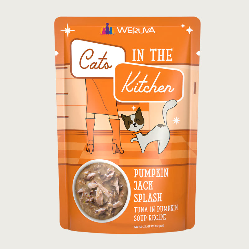 A 3 oz orange pouch of Weruva Cats in the Kitchen, Pumpkin Jack Splash, tuna in pumpkin soup recipe wet food for cats. Image on pouch shows actual food, which is chunks of tuna in gravy.
