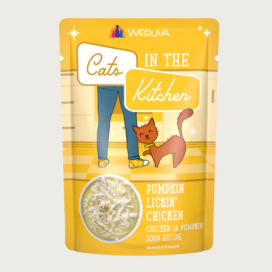 A 3 oz yellow pouch of Weruva Cats in the Kitchen, Pumpkin Lickin' Chicken, chicken in pumpkin soup recipe wet food for cats. Image on pouch shows actual food, which is shreds of chicken in gravy.
