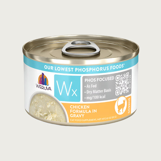 A 3 oz can with pull-top lid, of Weruva Wx Phos Focused Chicken Formula in Gravy, cat food supplement. Image on can shows actual food, which is shredded chicken in a smooth gravy. Banner on top of label reads "Our Lowest Phosphorus Foods".