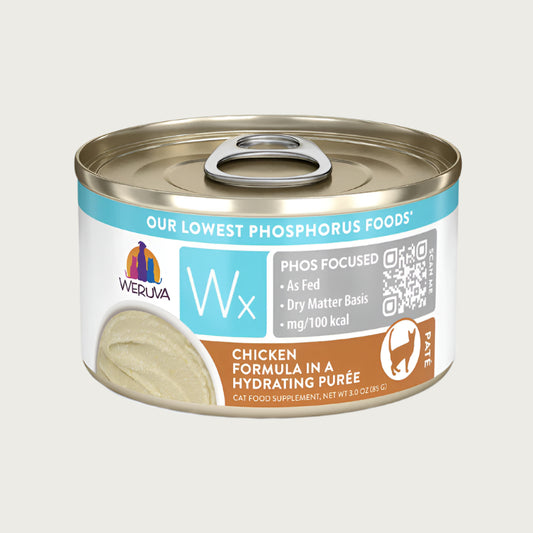 A 3 oz can with pull-top lid, of Weruva Wx Phos Focused Chicken Formula in a Hydrating Puree, cat food supplement. Image on can shows actual food, which is a smooth puree of chicken. Banner on top of label reads "Our Lowest Phosphorus Foods".