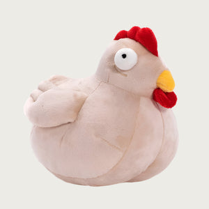 Plump, beige colored chicken toy with bulging eyes, yellow beak, and red comb and wattle.