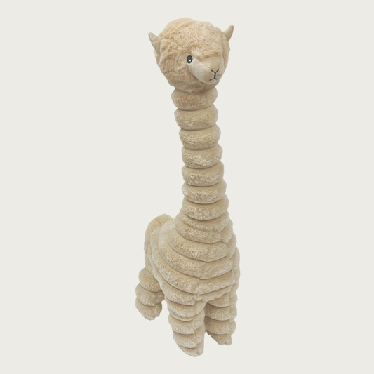 Plush beige alpaca dog toy with a very long neck and embroidered facial details. Soft plush resembles a very wide wale corduroy.