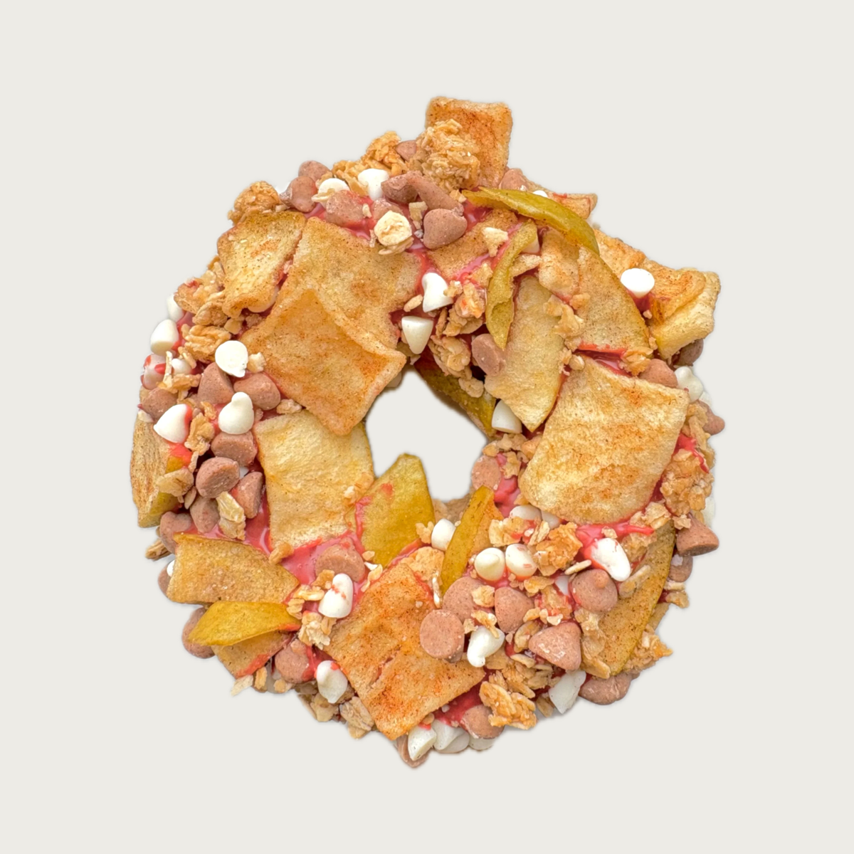 A thick, donut shaped dog cookie, covered with dried apple pieces, mini white vanilla chips, tan mini cinnamon chips, and granola bits.