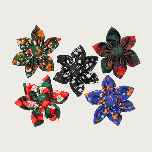 Group of five daisy flower-shaped pet collar accessories, in a variety of patterns & colors, some with Christmas themes.