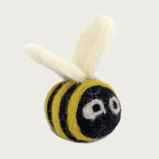 Round, felt, black & yellow striped honey bee cat toy, with white wings and black & white eyes.