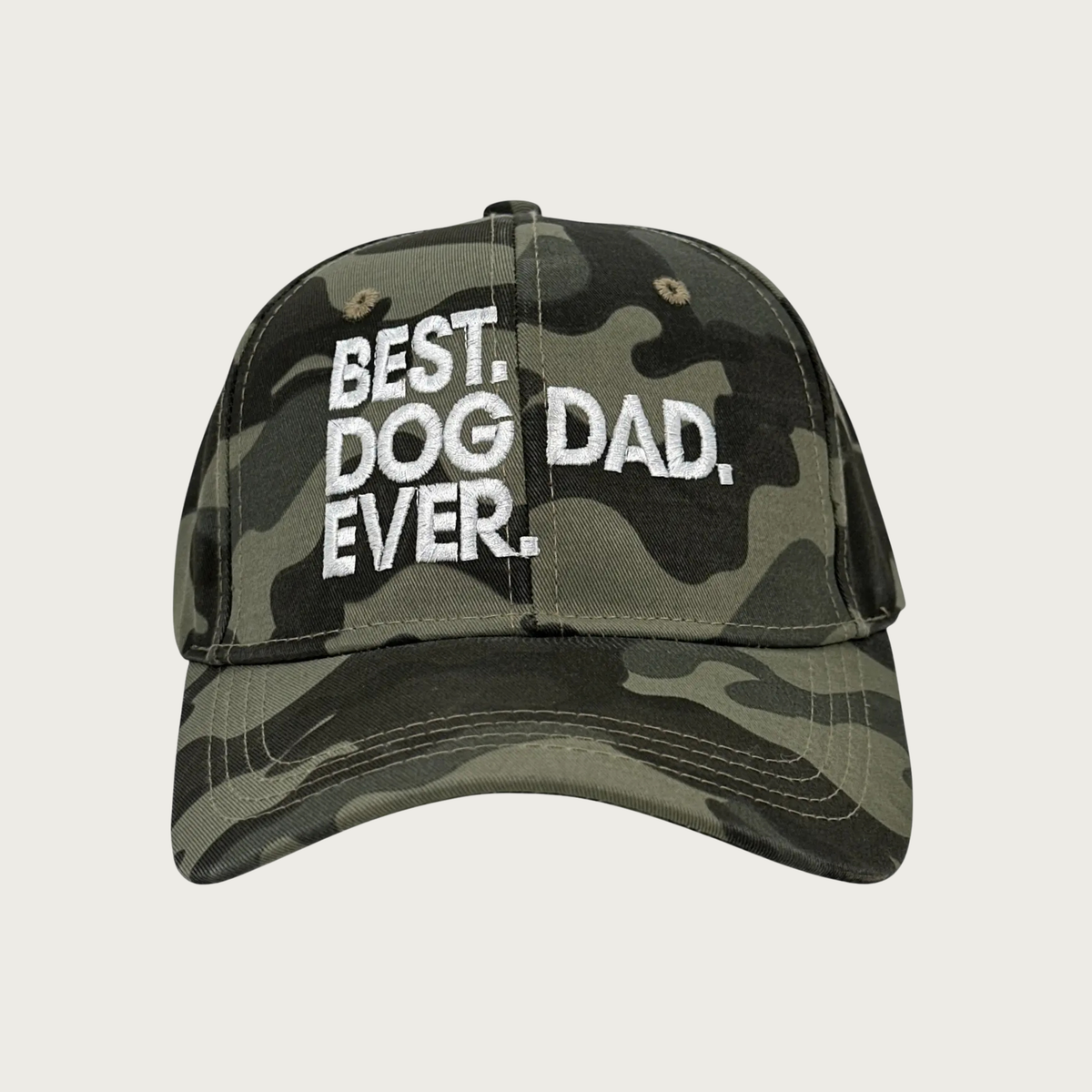 Olive green & dark brown, camouflage patterned baseball cap with "BEST DOG DAD. EVER." in left aligned, embroidered white text in all caps, in center of cap.