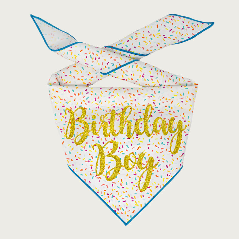 A pet bandana with a white base and multicolored sprinkles pattern and blue trim, featuring the script text 'Birthday Boy' in gold glitter.