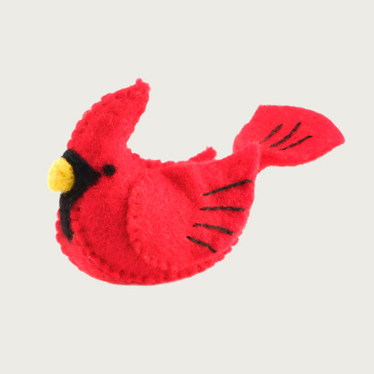 Red felt cardinal cat toy.