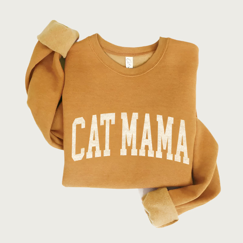 Mustard yellow crew neck sweatshirt, with Cat Mama on chest in large, varsity style, white text.