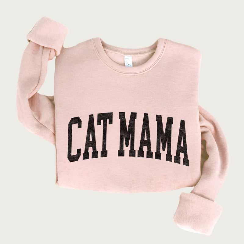 Heathered pale rose crew neck sweatshirt, with "Cat Mama" on chest in large, varsity style, black text.