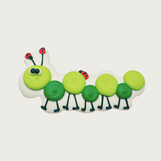 Decorative dog cookie shaped like a caterpillar. Body is alternating lime green & kelly green staggered circles, with 10 skinny black legs. Its face has 2 cute, googly eyes and 2 antenna, topped with ladybugs at each end. Another little ladybug is hitching a ride on its back.