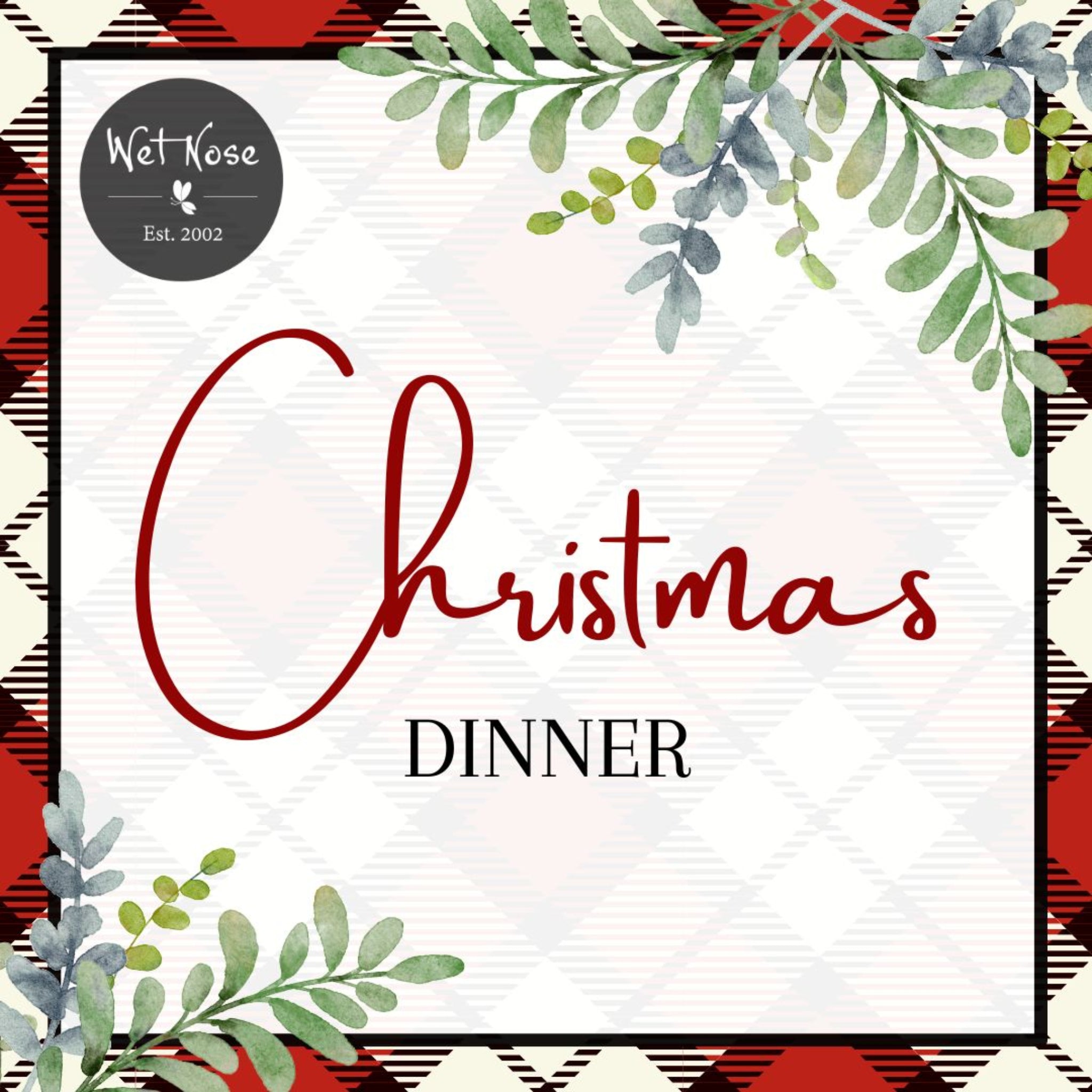Promotional image for Christmas Dinner with text and decorative elements in a holiday color palette.