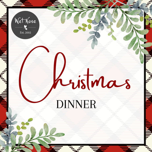 Promotional image for Christmas Dinner with text and decorative elements in a holiday color palette.