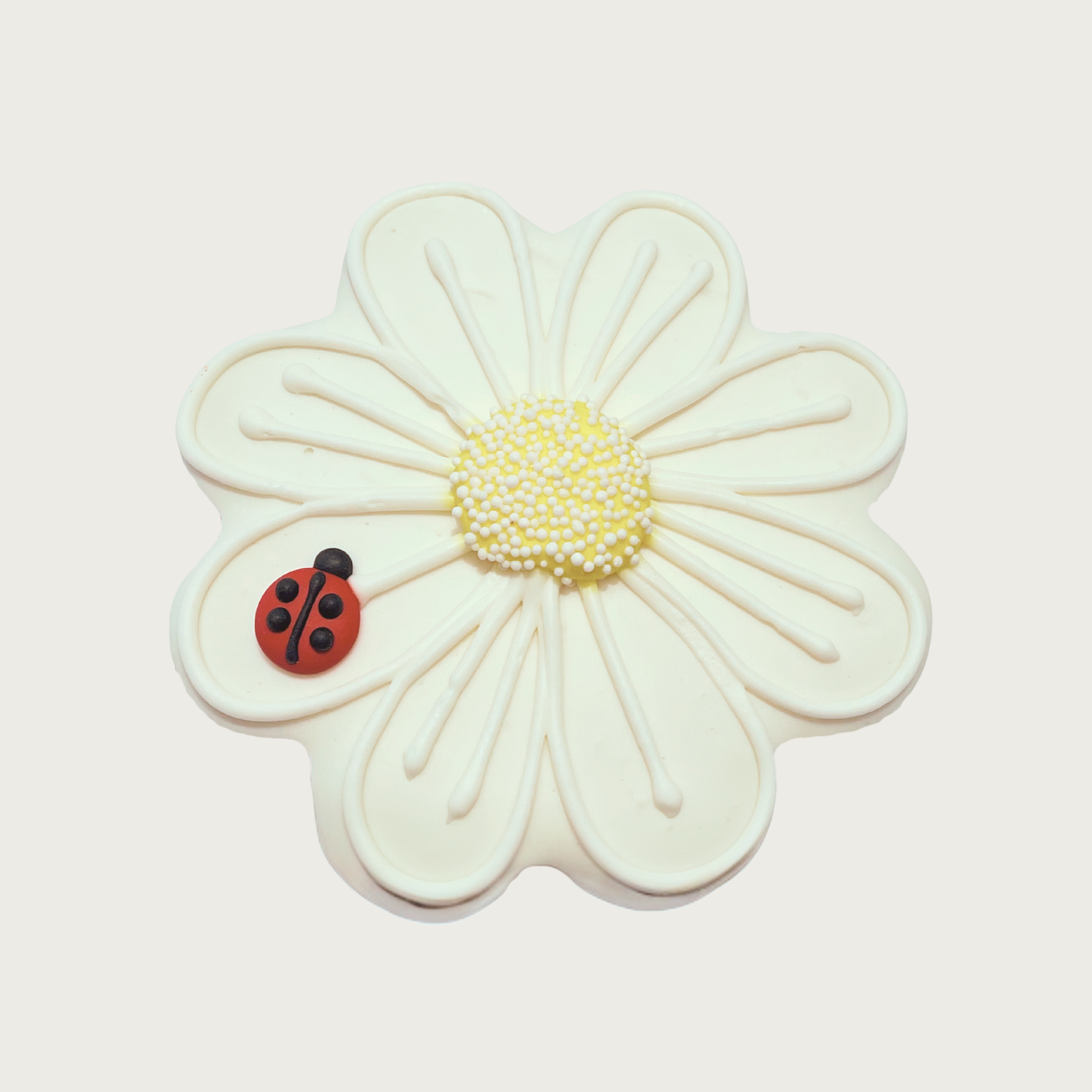 Decorative dog cookie shaped like a white daisy with a ladybug on one petal.
