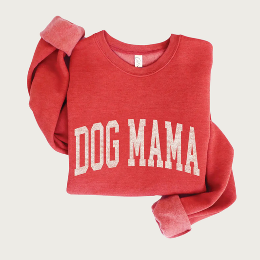 Heathered cranberry red crewneck sweatshirt, with Dog Mama on chest in large, varsity style, white text.