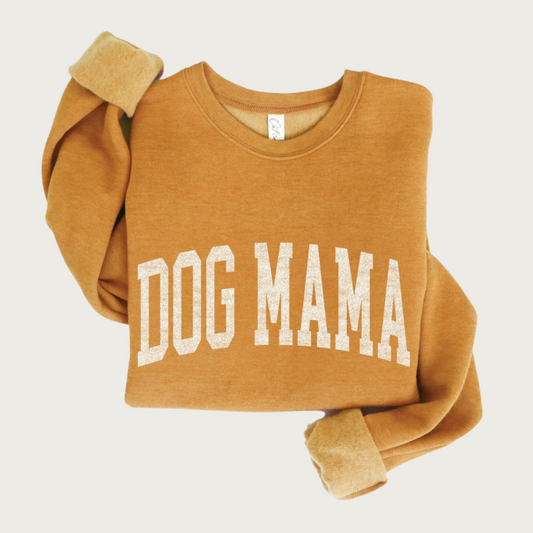 Heathered mustard yellow crewneck sweatshirt, with Dog Mama on chest in large, varsity style, white text.
