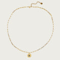Load image into Gallery viewer, Gold-toned chain link necklace with a small, round gold-toned pendant that reads "Dog Mom" in black.
