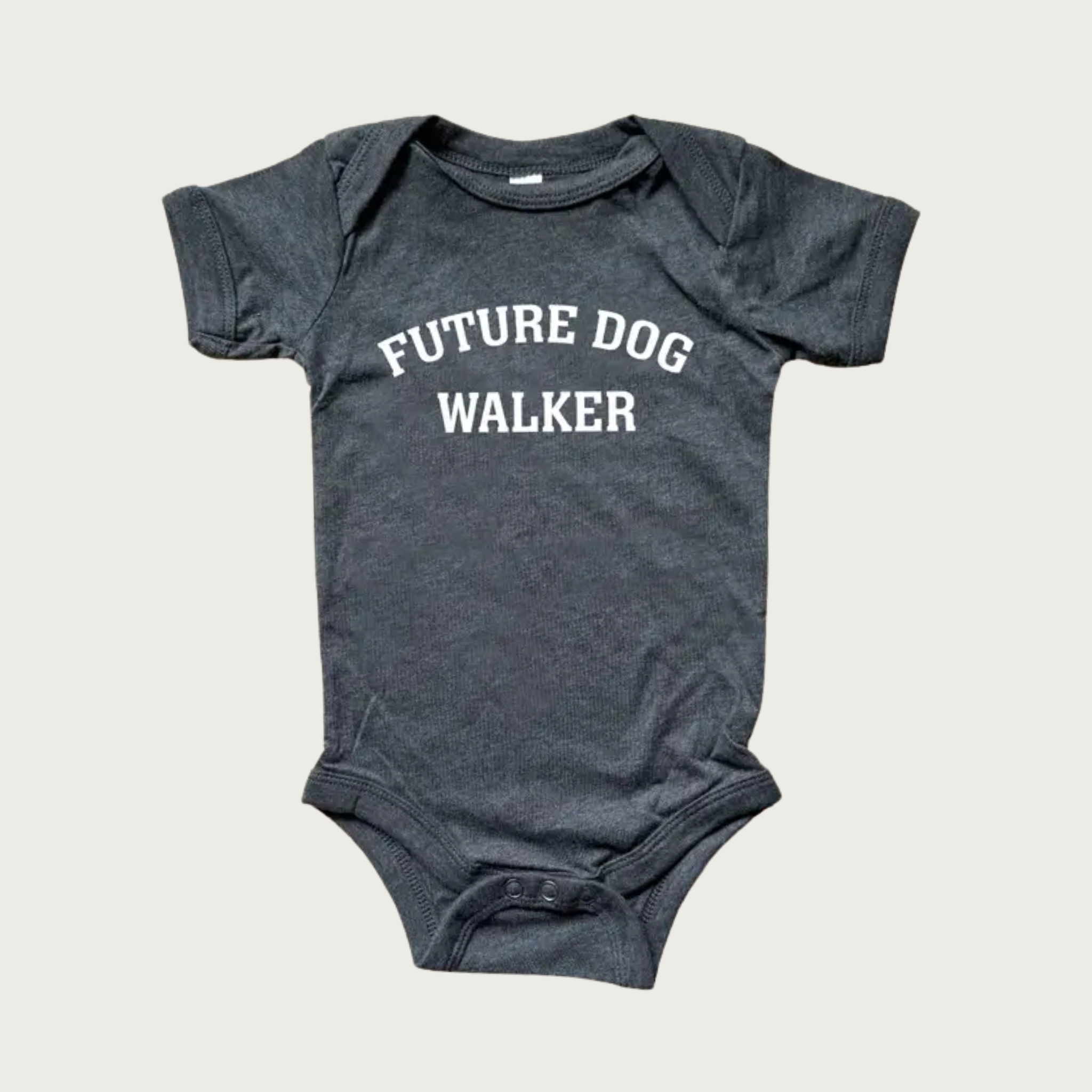 A dark heather gray baby onesie with 'FUTURE DOG WALKER' printed in white, all caps arched text across the chest. Two snap closure on the bottom.