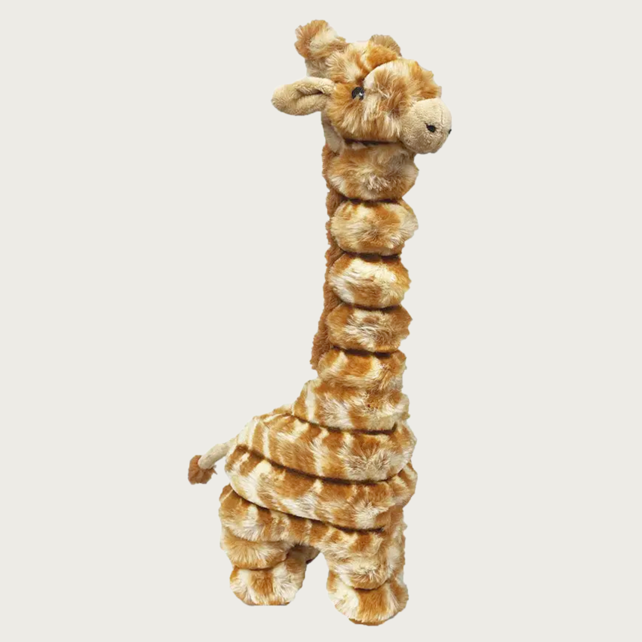 Plush caramel & beige colored giraffe dog toy with a very long neck and embroidered facial details. Soft plush resembles a very wide wale corduroy.