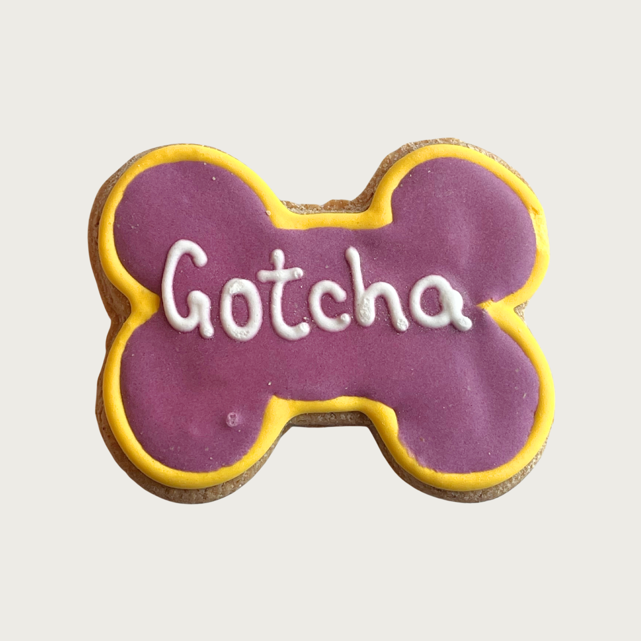 Dog bone-shaped decorated dog cookie, iced in purple with yellow border and white 'Gotcha' text in the center.