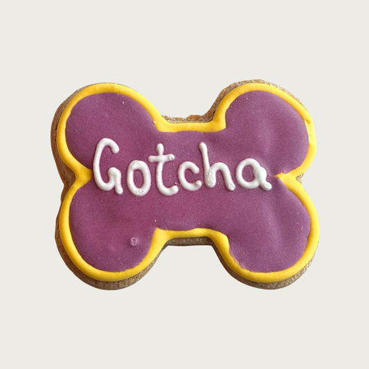 Dog bone-shaped decorated dog cookie, iced in purple with yellow border and white 'Gotcha' text in the center.
