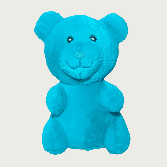 Plush, turquoise blue dog toy that looks like a gummy bear.