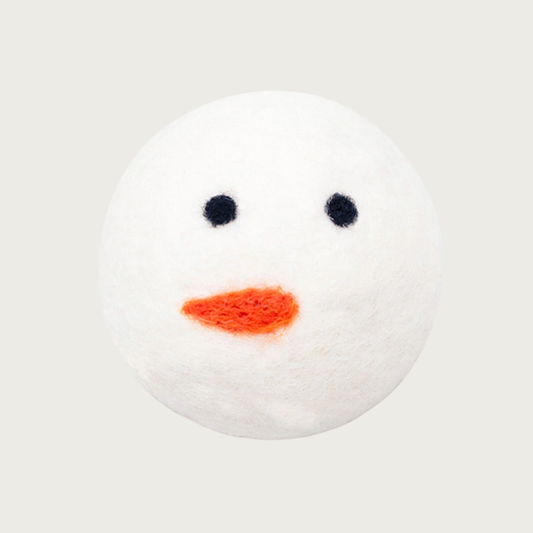 White felted wool ball with a snowman face, with black eyes and orange carrot-shaped nose. The facial details are part of the ball - they do not have any height and do not stick out of the ball.