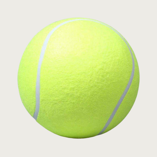 Large, bright yellow-green tennis ball dog toy with white stripe.