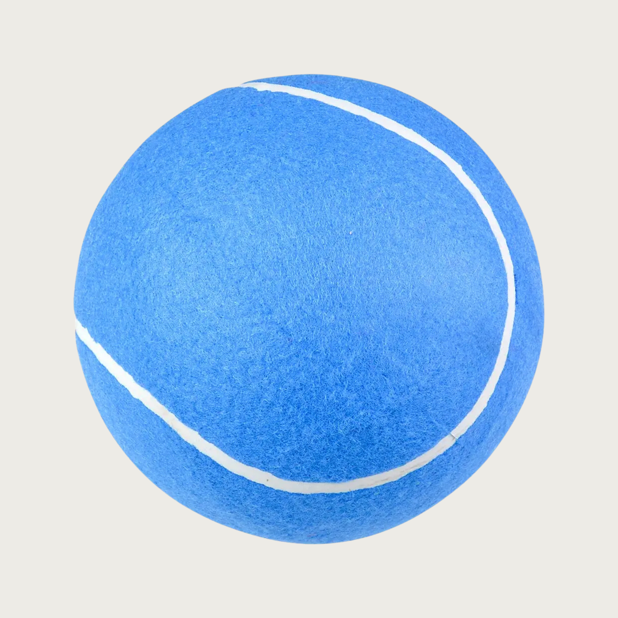A large, bright blue tennis ball with traditional white seam lines.