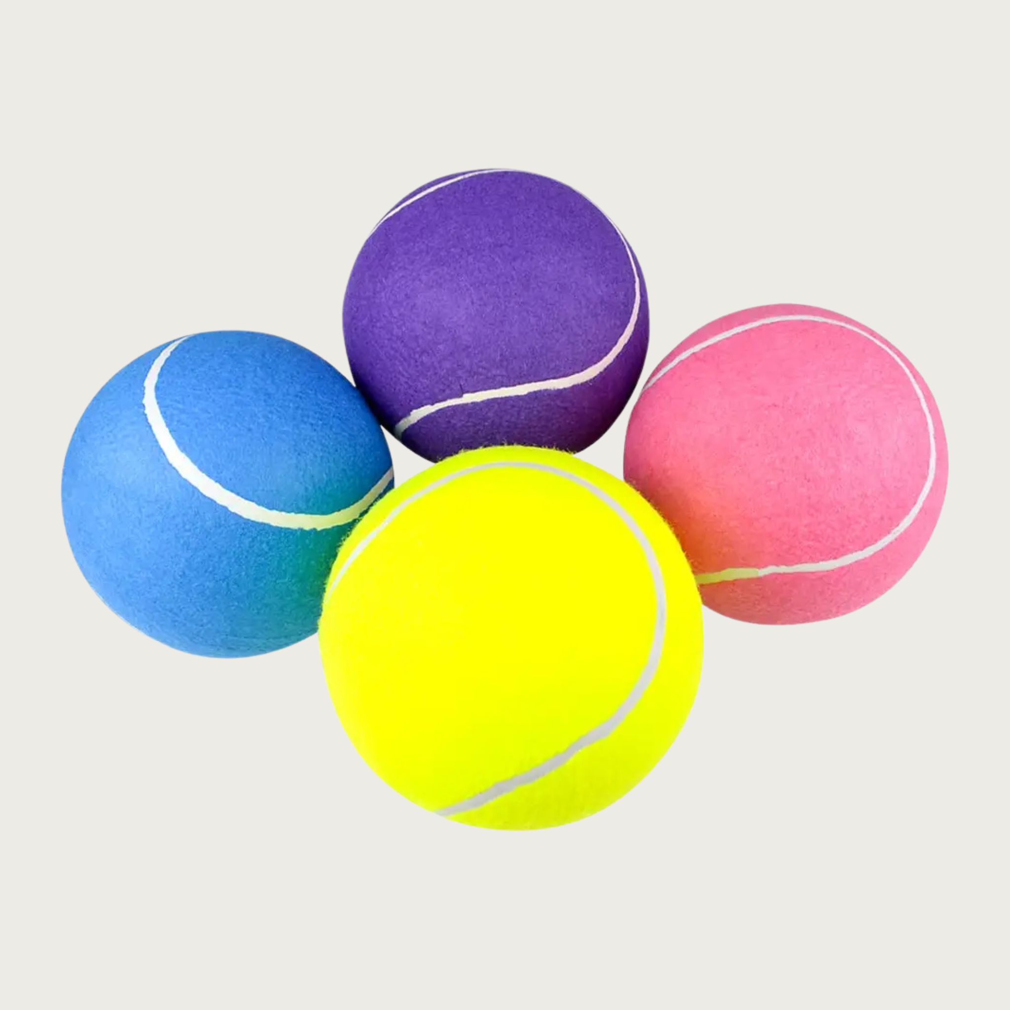 Four large balls resembling tennis balls in blue, purple, pink, and bright yellow.