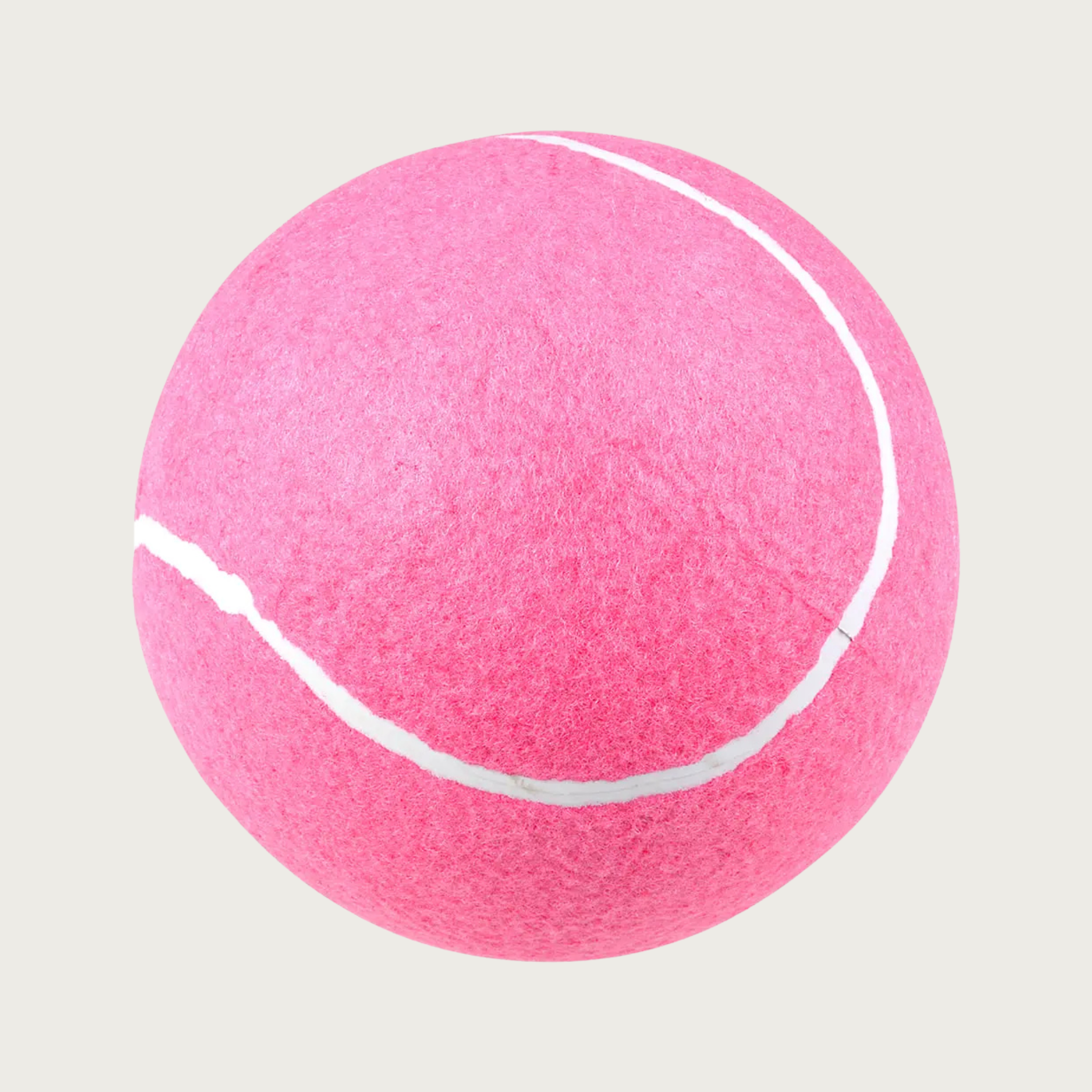 A large, bright pink tennis ball with traditional white seam lines.