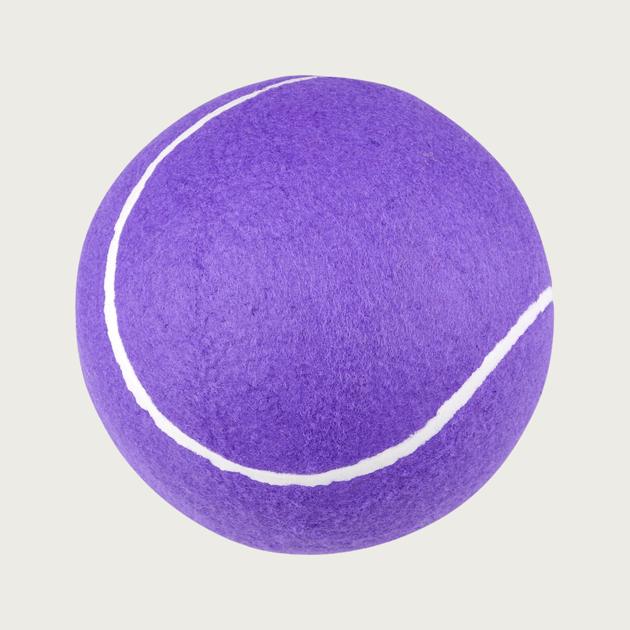 A large, bright purple tennis ball with traditional white seam lines.