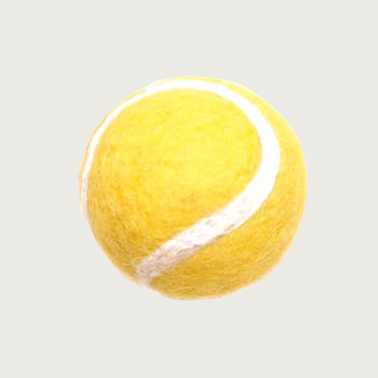 Wool cat toy in a classic tennis ball shape; yellow with white wavy stripe.