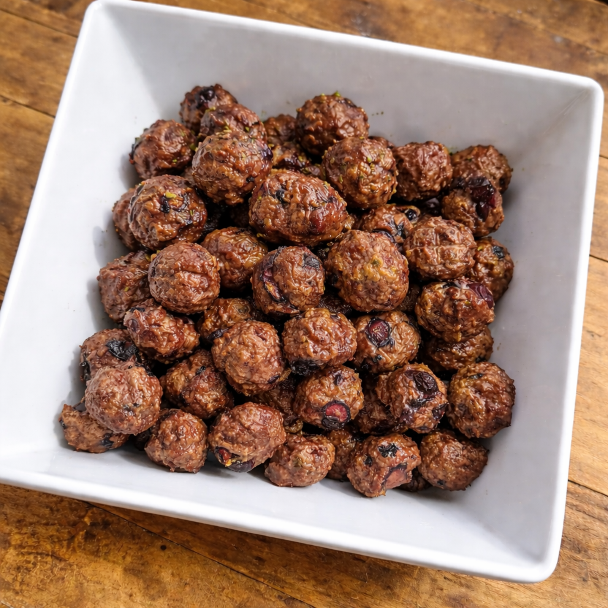 White square bowl filled with oven-roasted brown meatballs on a wooden table.