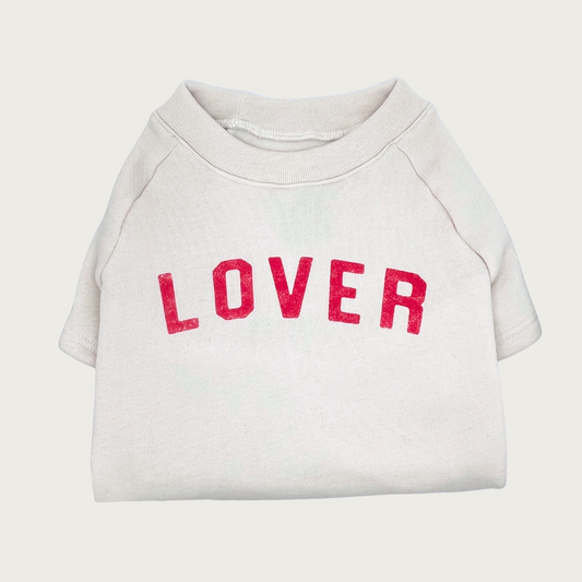 Oatmeal heather colored pet sweatshirt with distressed red 'LOVER' text in center.
