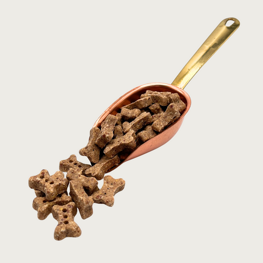 A copper scoop full of mini bone-shaped dog treats (about 3/4" long), that are also spilling out in front of it. The individual treats are medium brown in color and have a traditional dog bone shape.