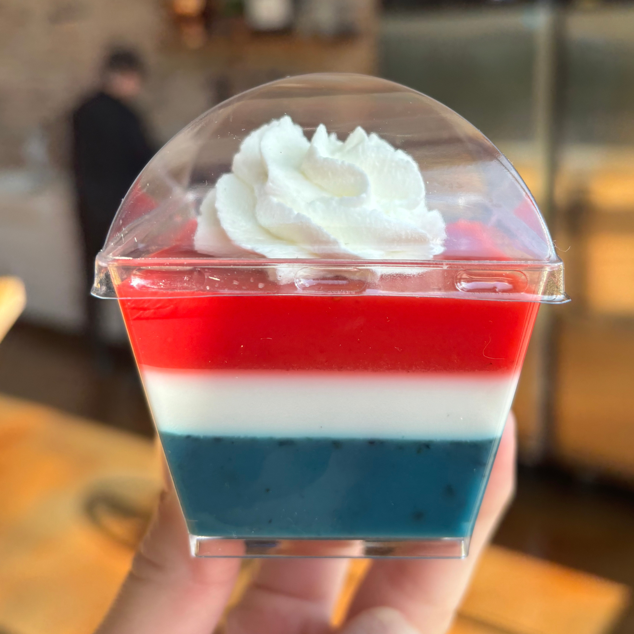 Layered gelatin-based dog treat in a plastic container with domed lid. Bottom layer is deep blue, center layer is white, top layer is red. A dollop of whipped cream is on the top.