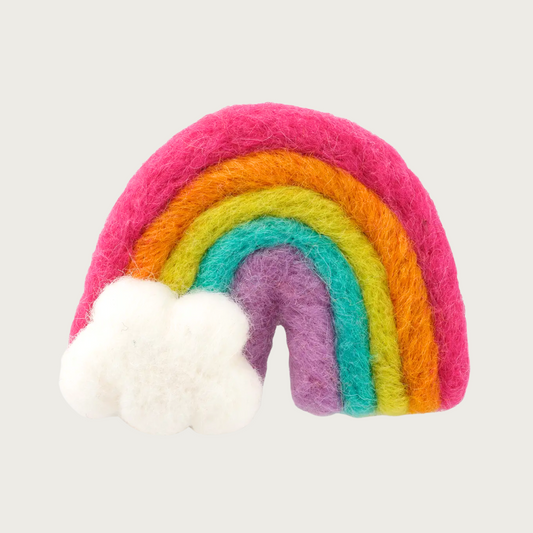 Wool rainbow cat toy, with 5 colors (hot pink, orange, yellow, teal, and purple) and a cloud at one of the ends.
