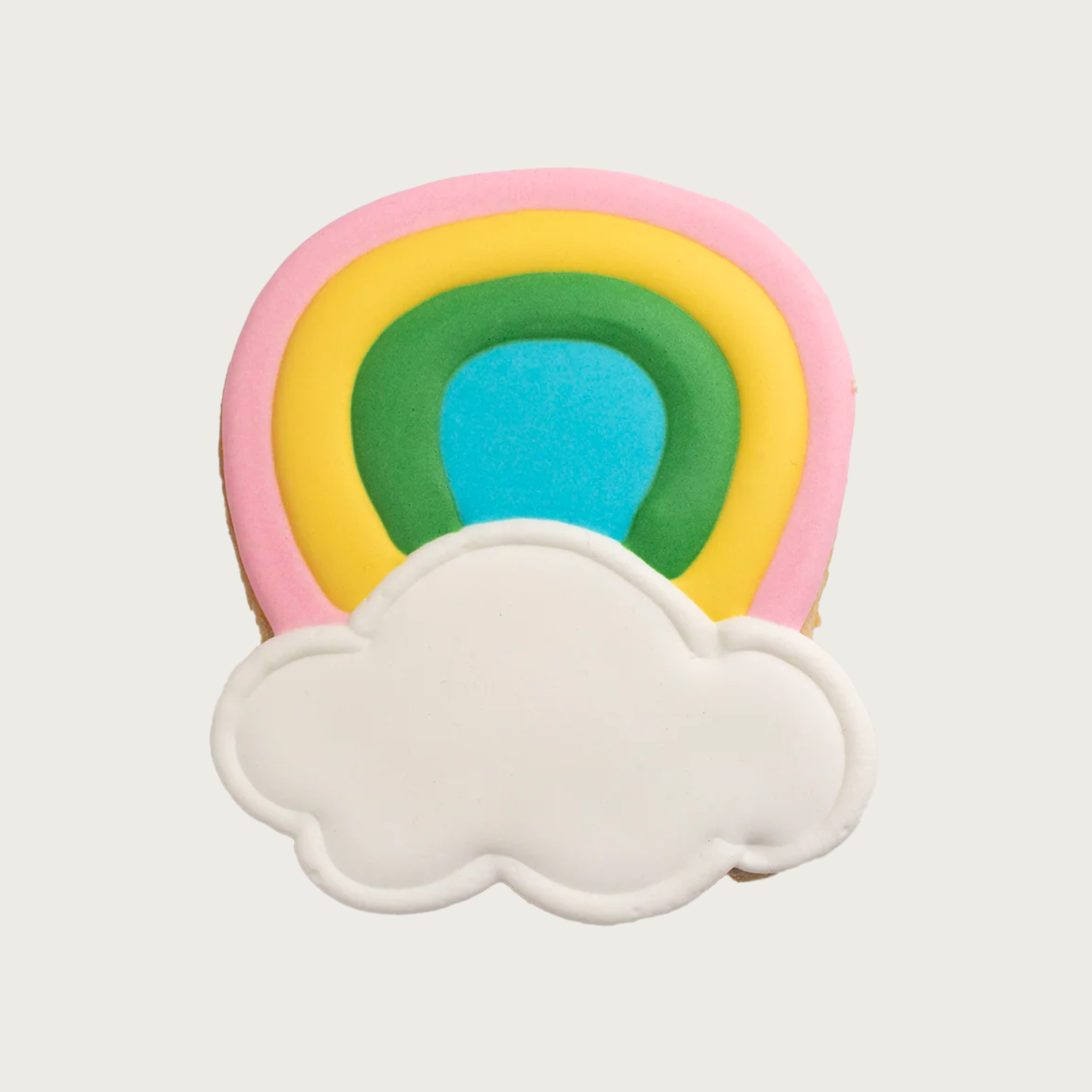 Rainbow shaped dog cookie. It has an inverted U-shape, with both ends meeting in a white cloud.